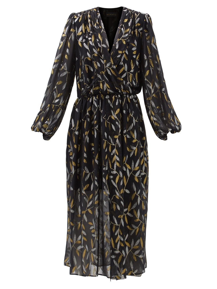 Black Metallic leaf-embroidered silk-blend chiffon dress | Dundas ...