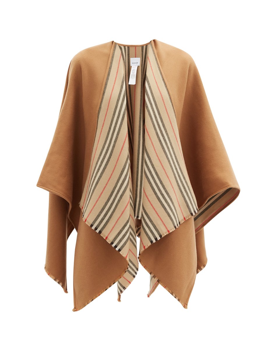 버버리 케이프 Burberry Camel Icon-stripe fringed wool cape