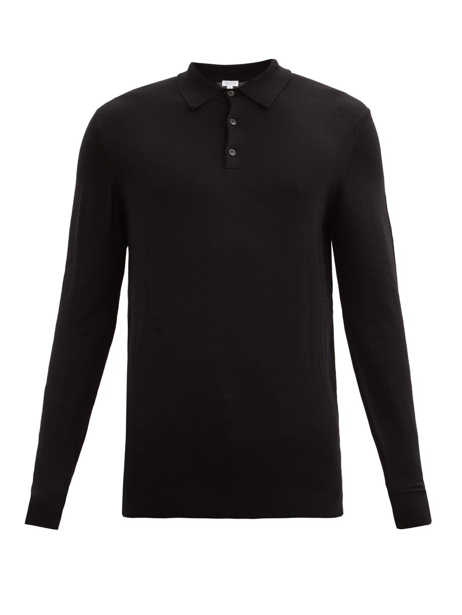 Black Merino-wool long-sleeved polo shirt | Sunspel | MATCHESFASHION US