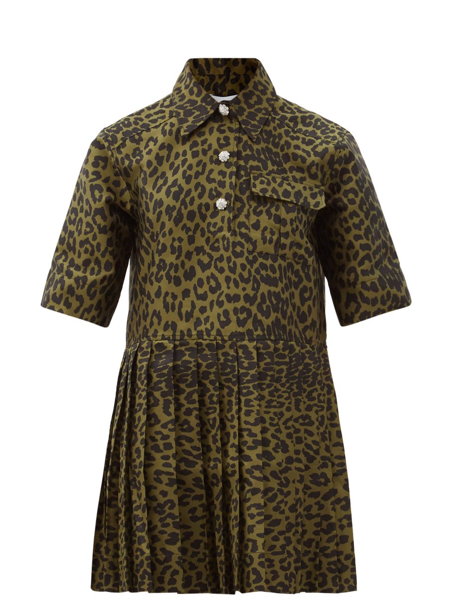Print Pleated leopard-jacquard mini shirt dress | Ganni | MATCHESFASHION US