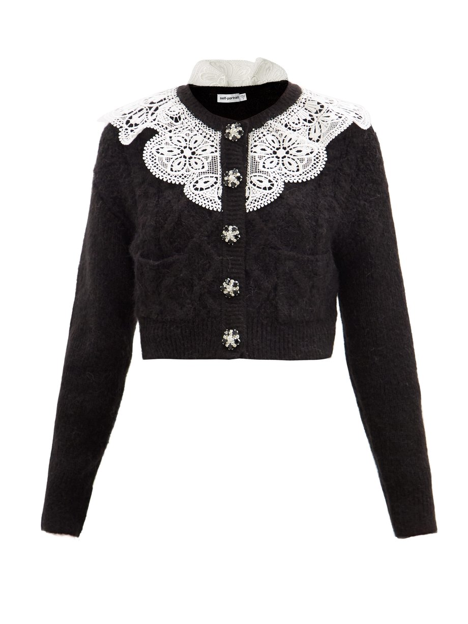 Black Lace-collar cropped cable-knit cardigan | Self-Portrait ...