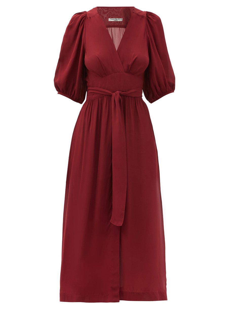Red Fiona puff-sleeve midi wrap dress ...