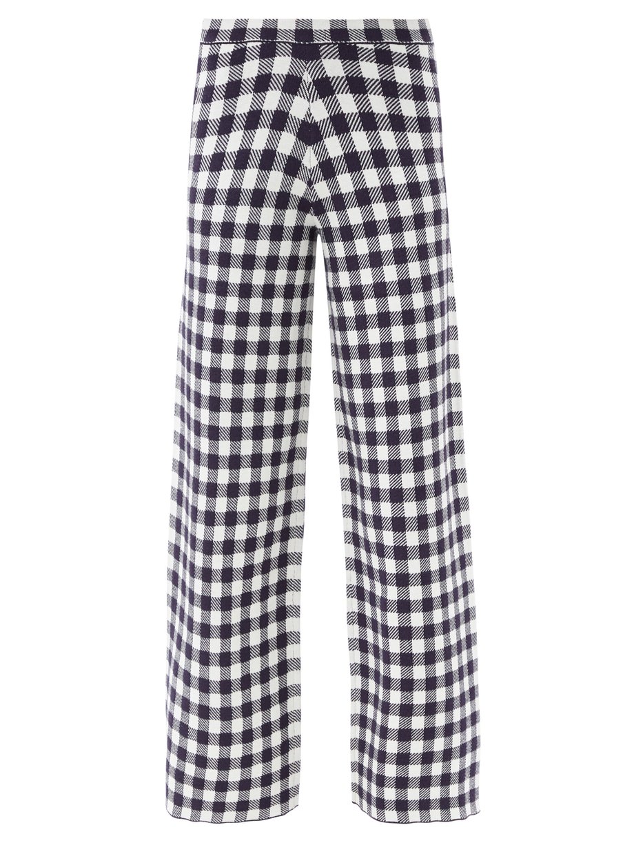 Navy Avalancha gingham wide-leg knitted trousers | Staud ...