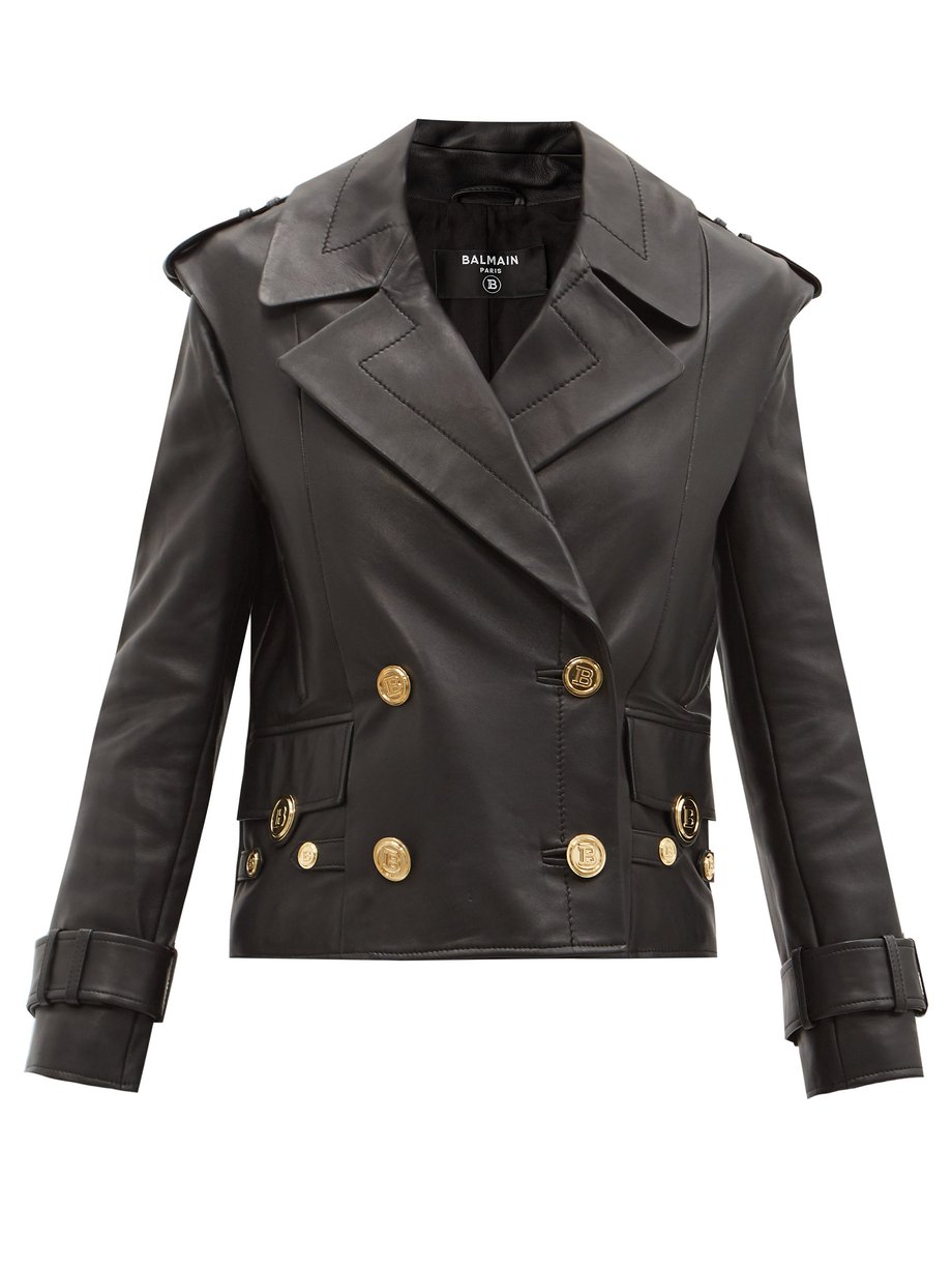 Black Oversized double-breasted leather pea coat | Balmain ...