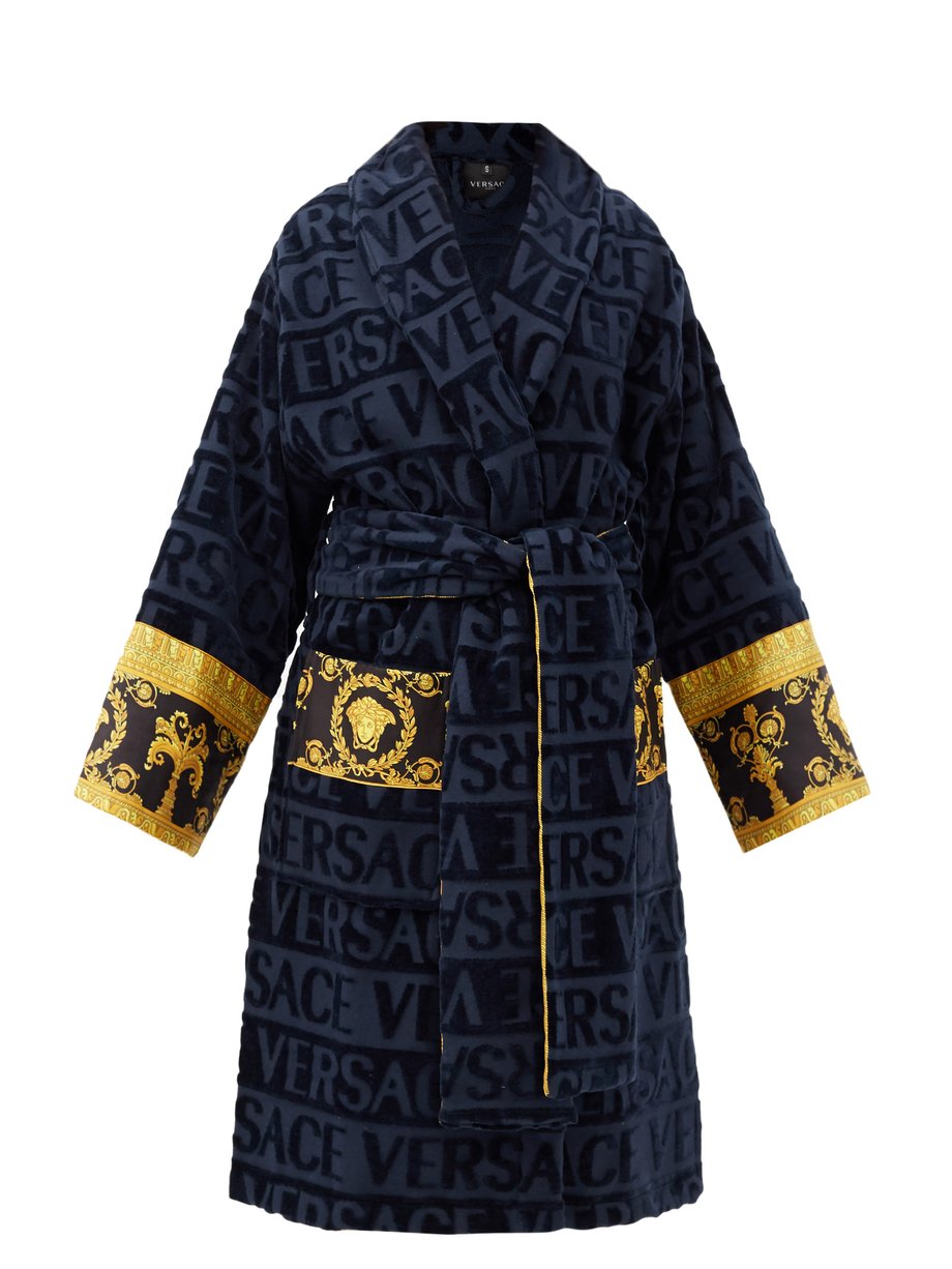 Navy I Love Baroque logo-jacquard cotton bathrobe | Versace ...