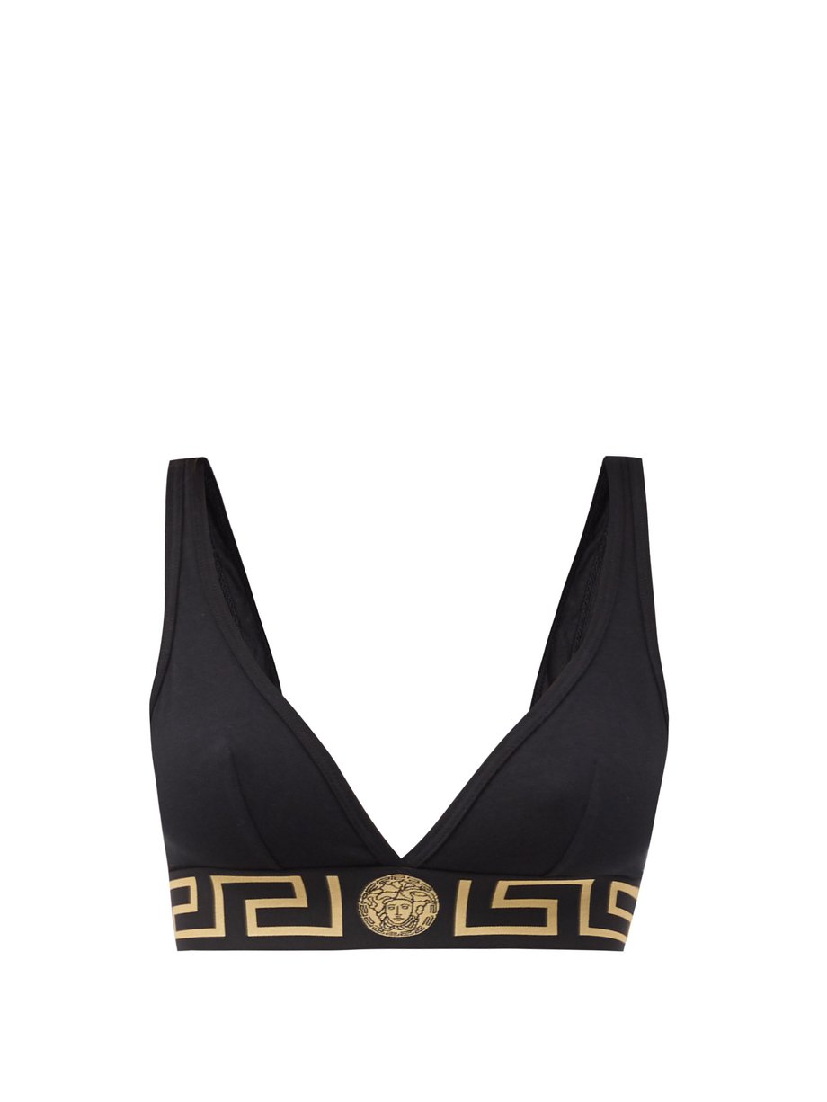 Black Greca-jacquard cotton-blend jersey triangle bra | Versace ...