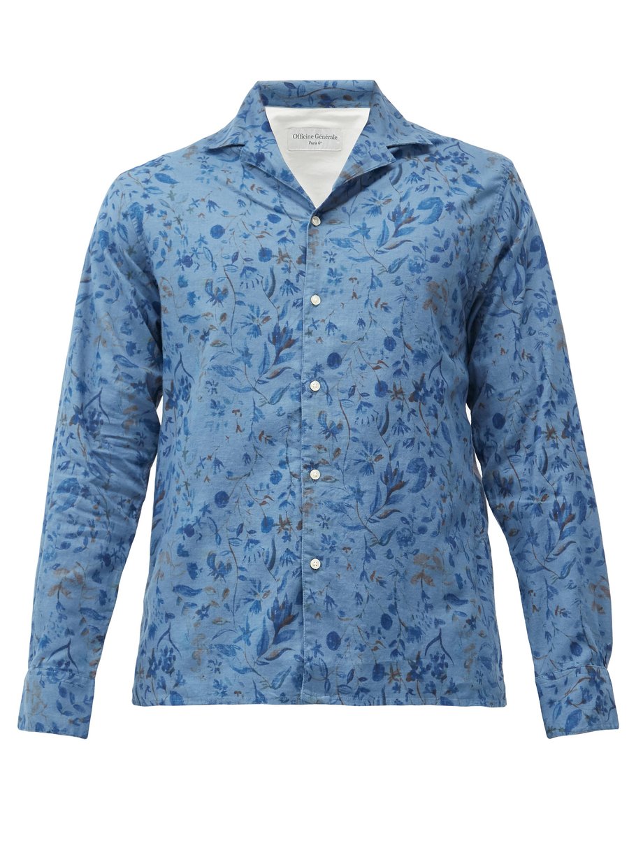 Blue Cuban-collar floral-print linen-blend shirt | Officine Générale ...