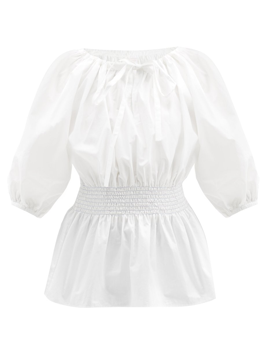 Loretta Caponi White Stella shirred cotton blouse | 매치스패션, 모던 럭셔리 온라인 쇼핑