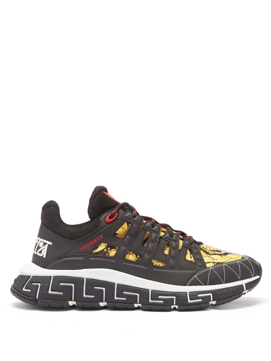 Black Trigreca leather-trimmed Baroque-canvas trainers | Versace ...