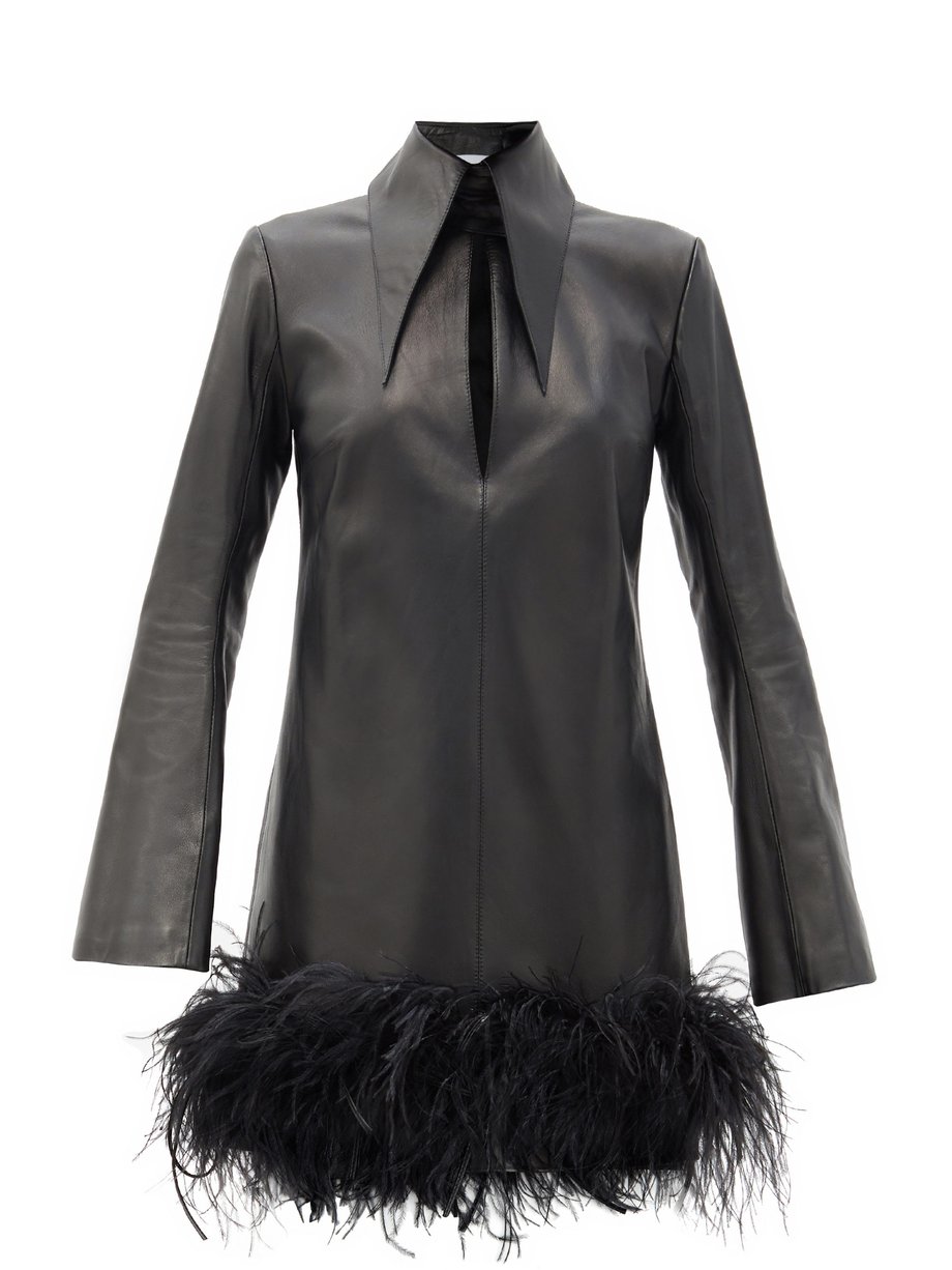 Black Michelle feather-trim leather mini dress | 16Arlington ...