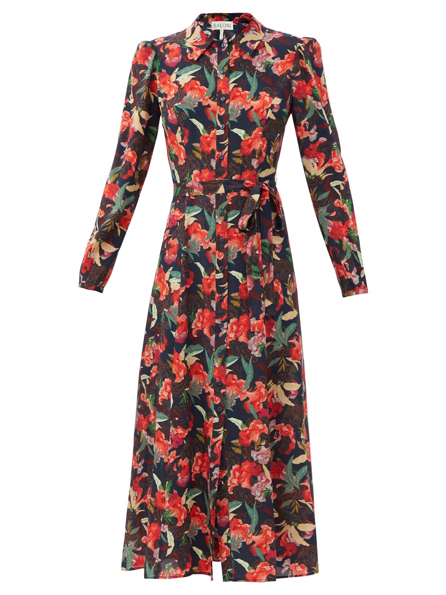 Burgundy Vanessa-B Dusk Moonflower-print silk shirt dress | Saloni ...