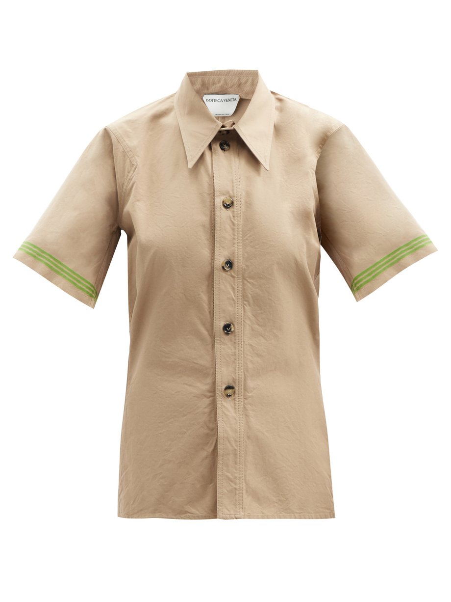 Neutral Striped-cuff short-sleeved cotton-poplin shirt | Bottega Veneta