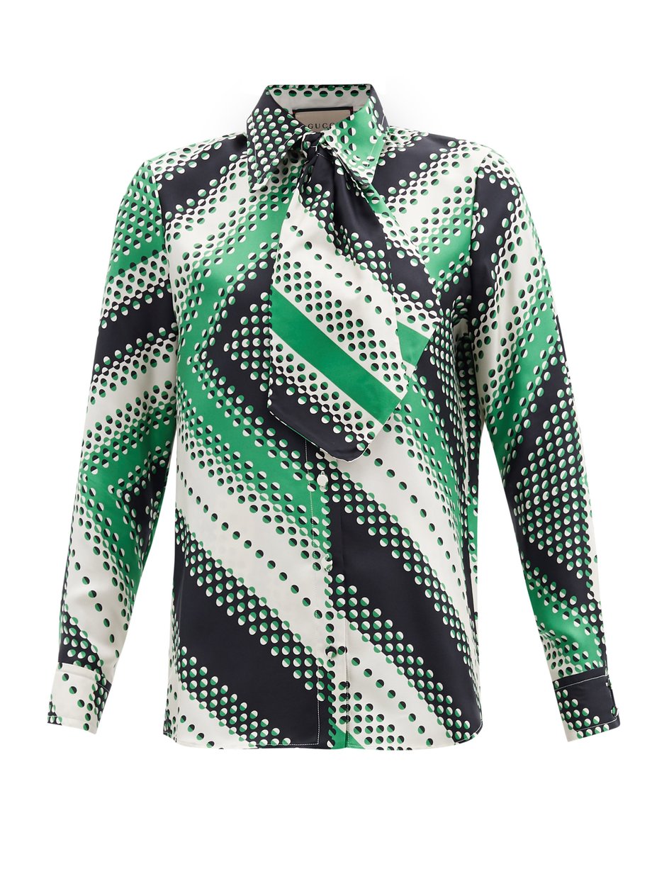 Print Pussybow-ties chevron-print silk blouse | Gucci | MATCHESFASHION UK