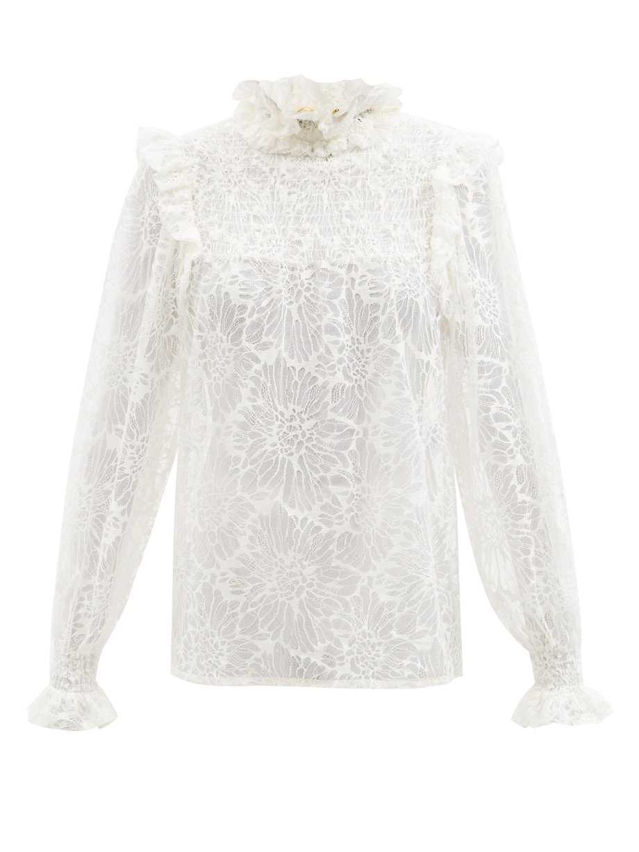White Camellia ruffled cotton-blend lace top | Saint Laurent ...