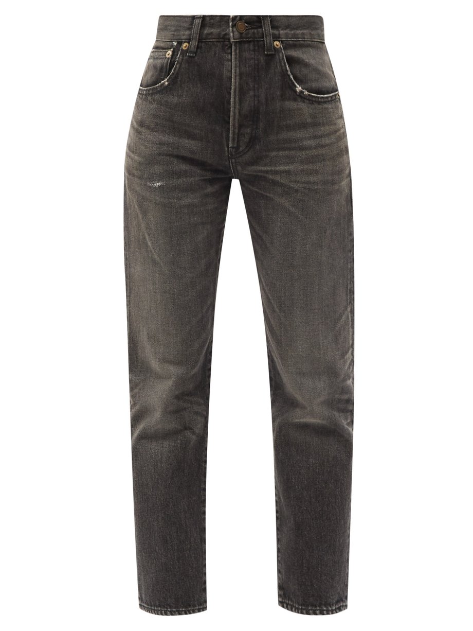 Black Distressed high-rise straight-leg jeans | Saint Laurent ...