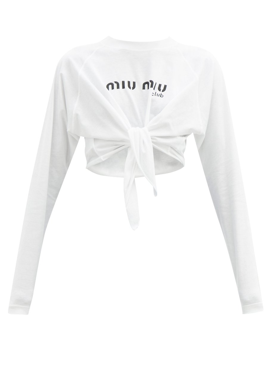 Logo-print tie-front cropped cotton-jersey top