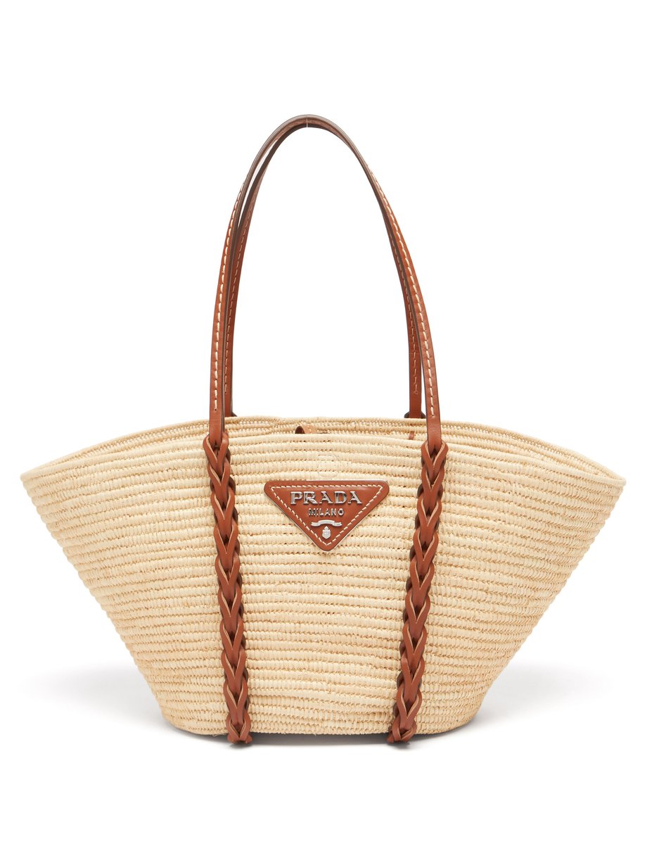 Brown Leather and woven-straw basket 