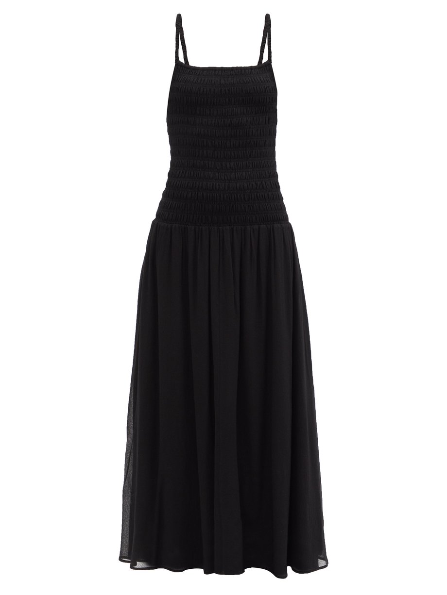 Black Smocked crepe midi dress | Totême | MATCHESFASHION UK