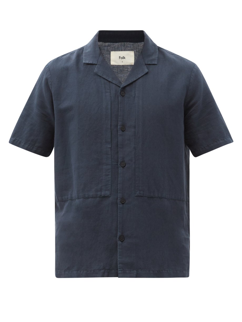 Navy Cuban-collar linen-blend shirt | Folk | MATCHESFASHION AU