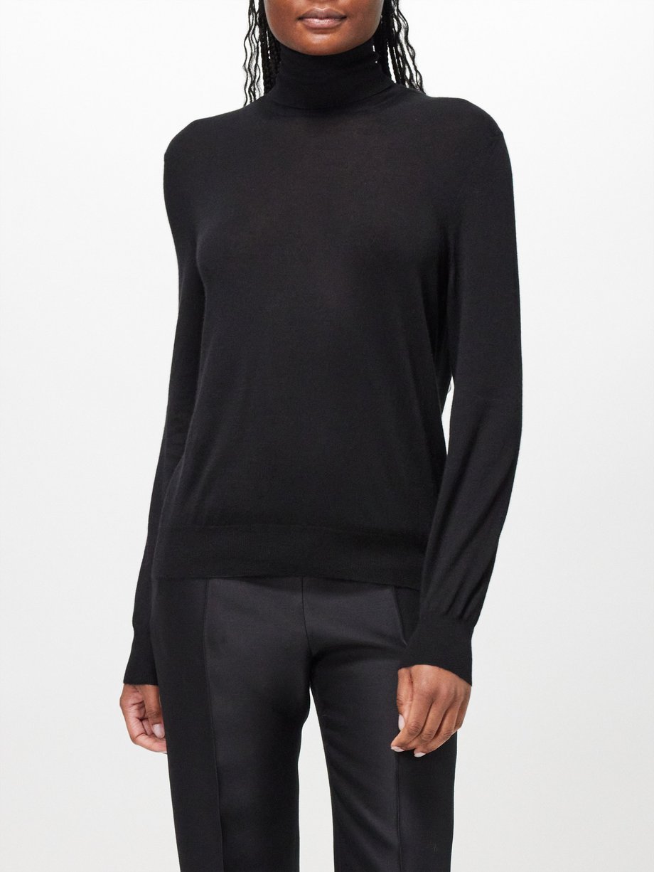 black cashmere roll neck sweater