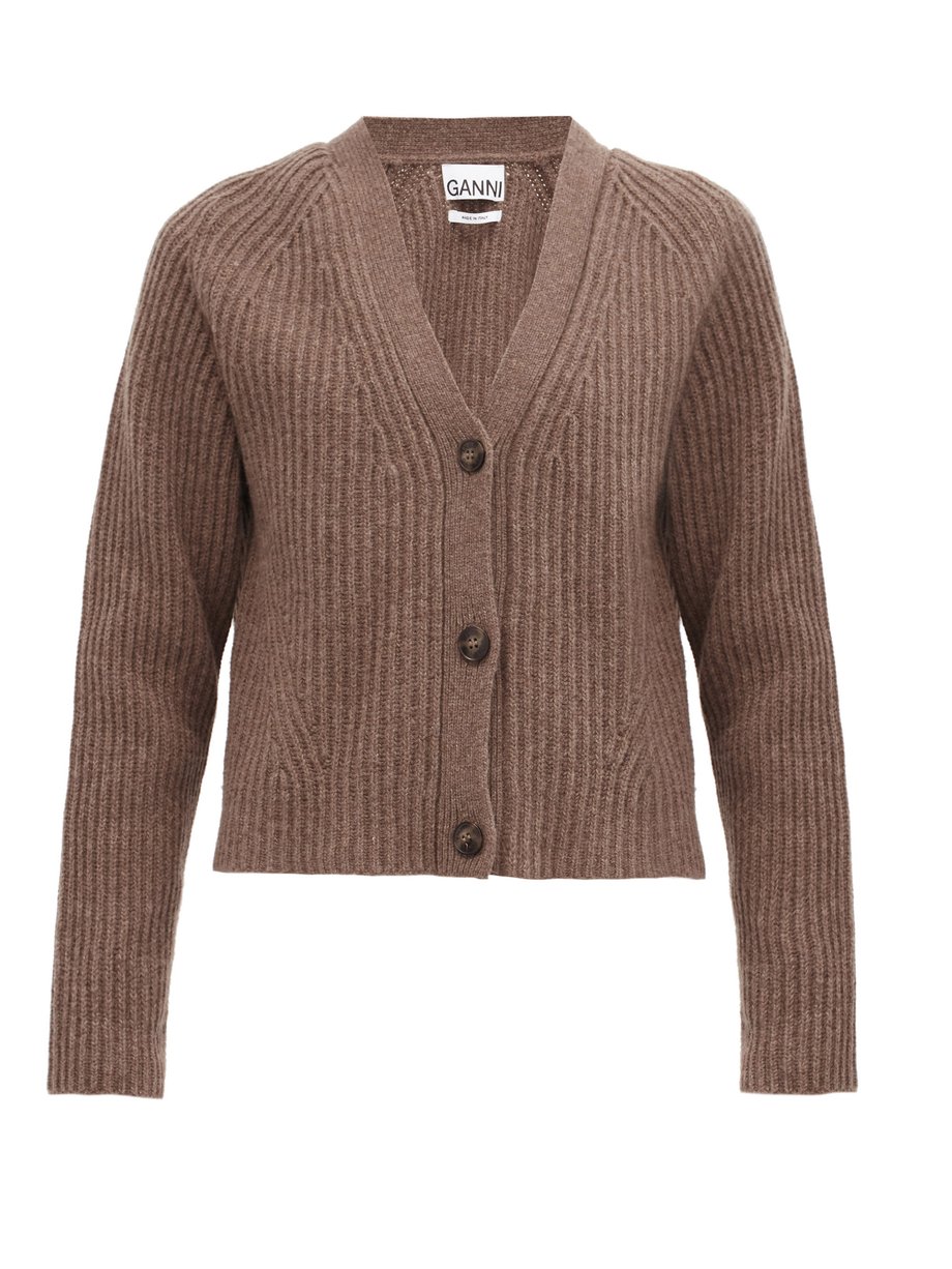 Ganni Brown V-neck ribbed recycled-wool blend cardigan | 매치스패션, 모던 럭셔리 온라인  쇼핑
