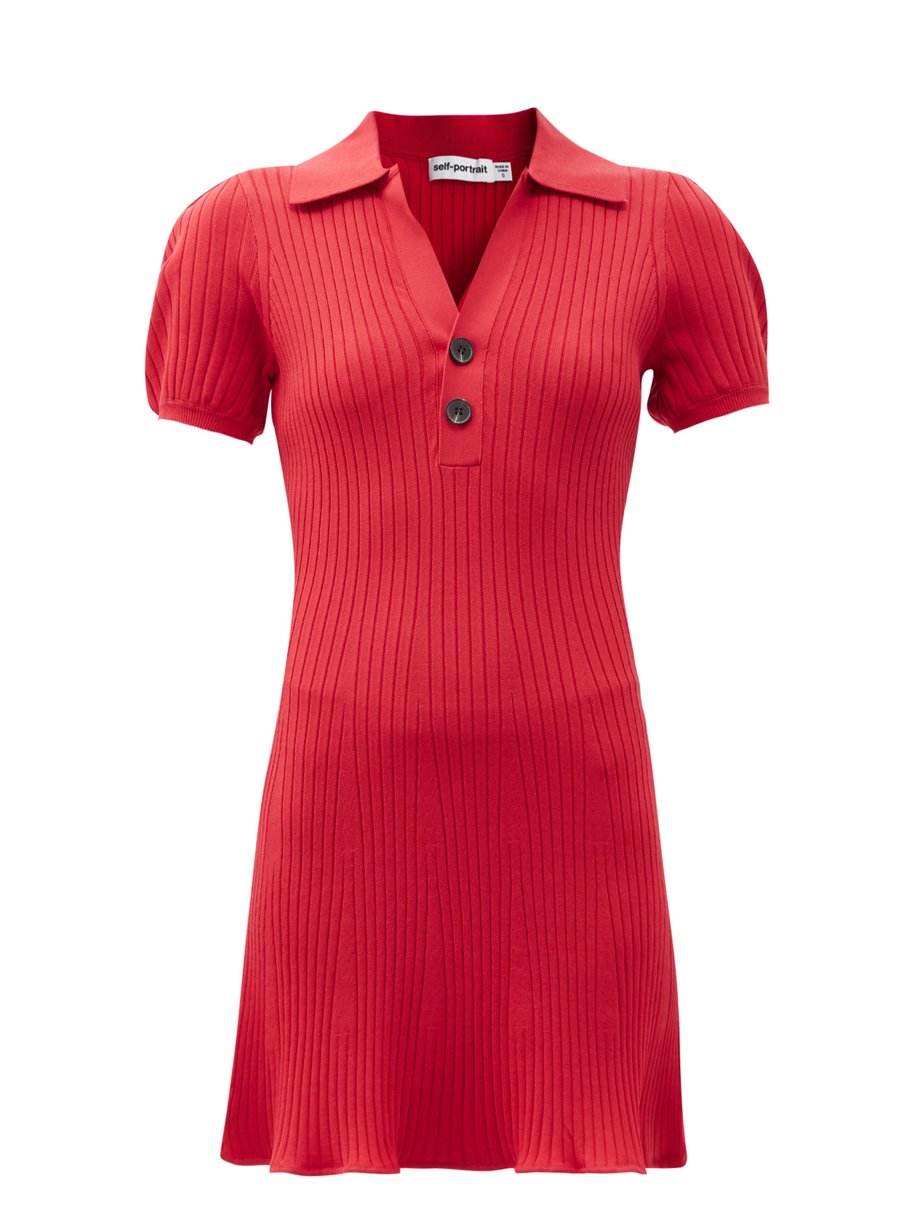 Red Puff-sleeve rib-knit polo mini dress | Self-Portrait ...