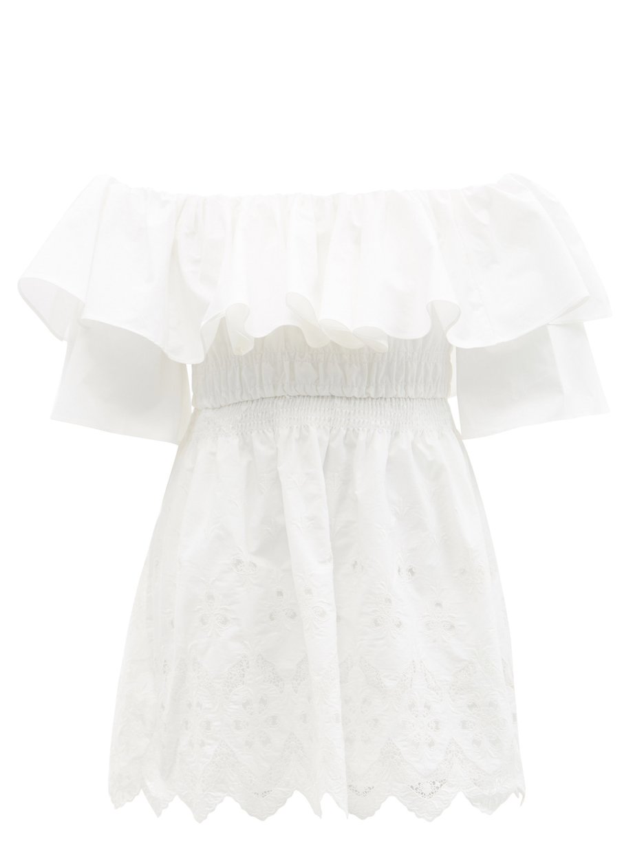 White Off-the-shoulder embroidered cotton mini dress | Self-Portrait ...
