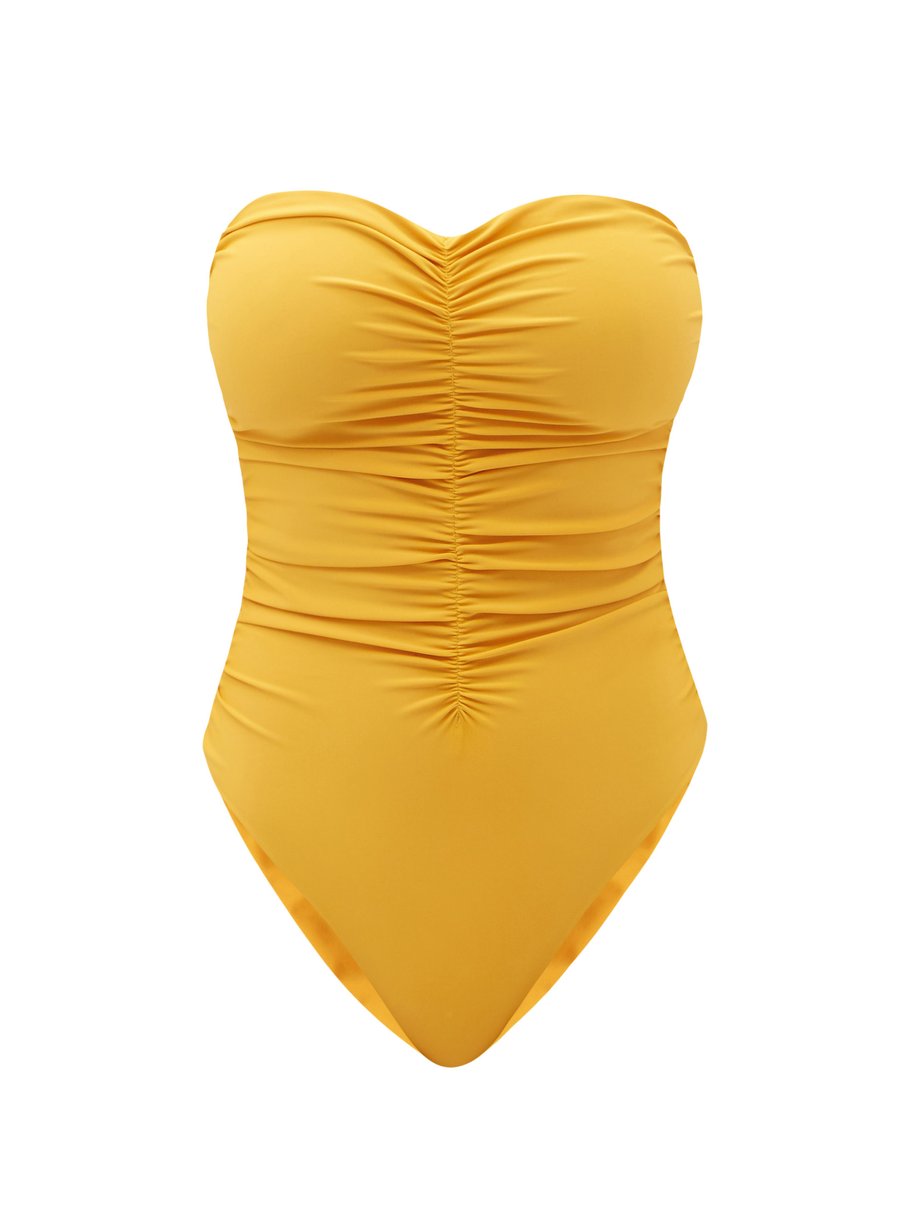 Yellow Yara ruched strapless swimsuit | Jade Swim | MATCHESFASHION US