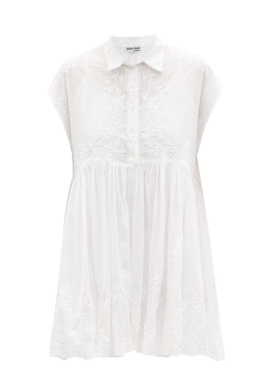 White Hand-embroidered cotton mini shirt dress | Juliet Dunn ...