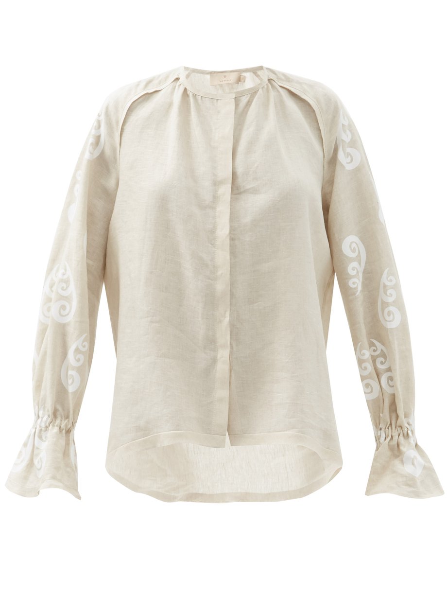 THEMIS Z THEMIS Z Peacock-print belted linen shirt Print｜MATCHESFASHION ...