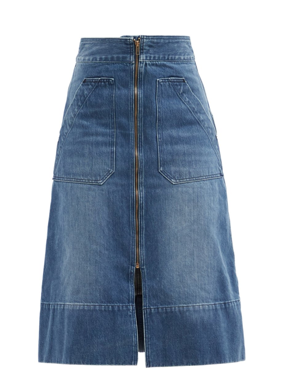 Denim Oak high-rise recycled-cotton denim midi skirt | Ssōne ...