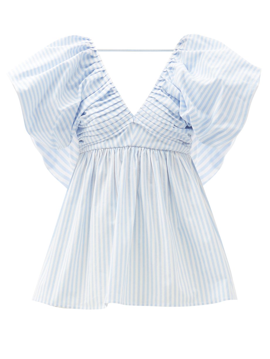 Blue white Puff-sleeve pleated V-neck stripe cotton-blend top ...