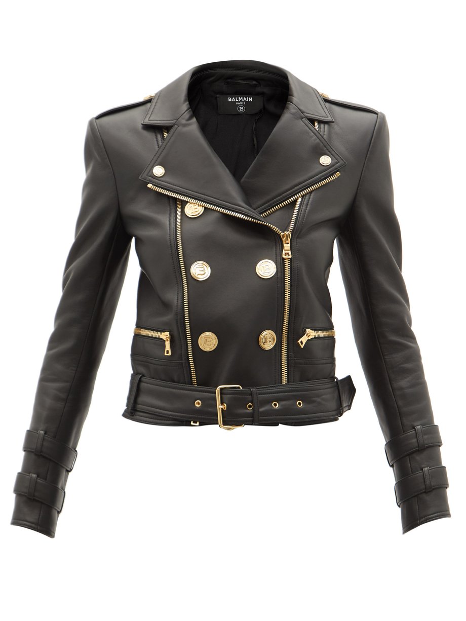 Black Double-breasted leather jacket | Balmain | MATCHESFASHION US