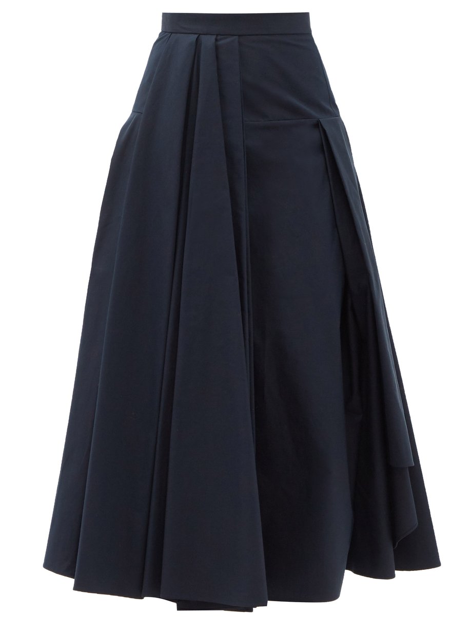 Navy Pleated cotton midi skirt 