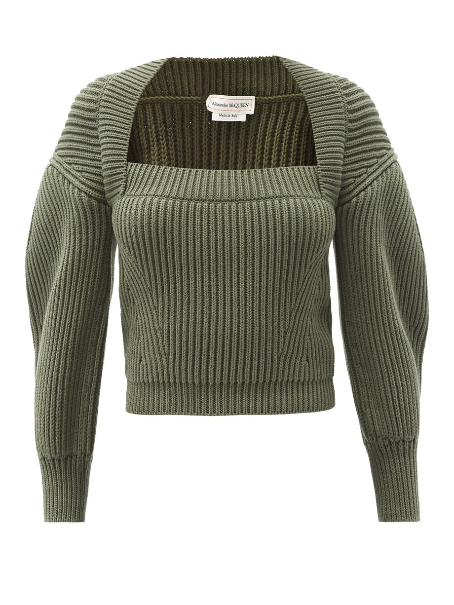 Square-neck ribbed cotton sweater Green Alexander McQueen ...