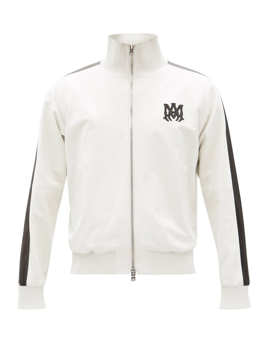 White M.A. logo-appliqué plongé-leather track jacket | Amiri ...