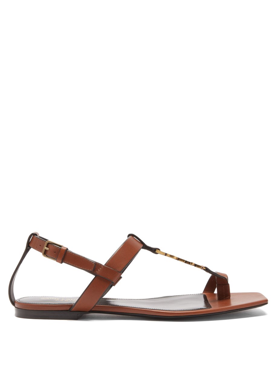 Neutral Cassandra YSL-logo flat leather sandals | Saint Laurent ...
