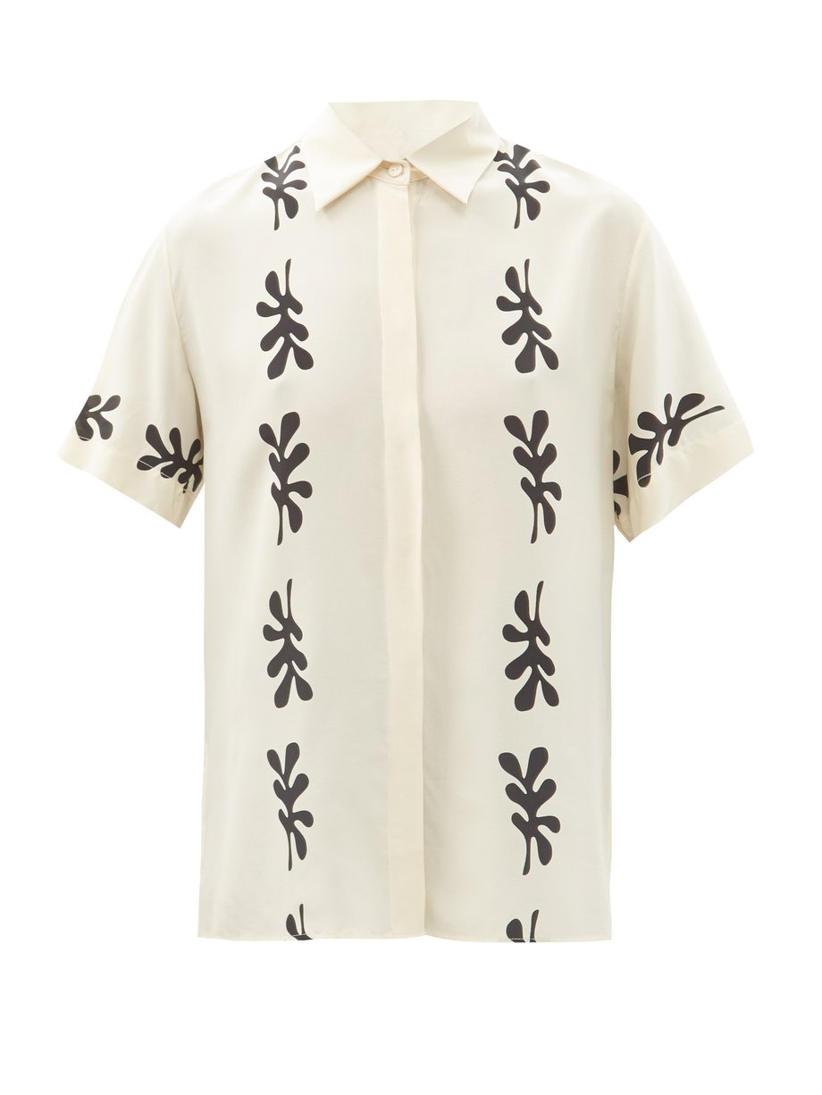 White Fig leaf-print silk-crepe short-sleeved shirt | Matteau ...
