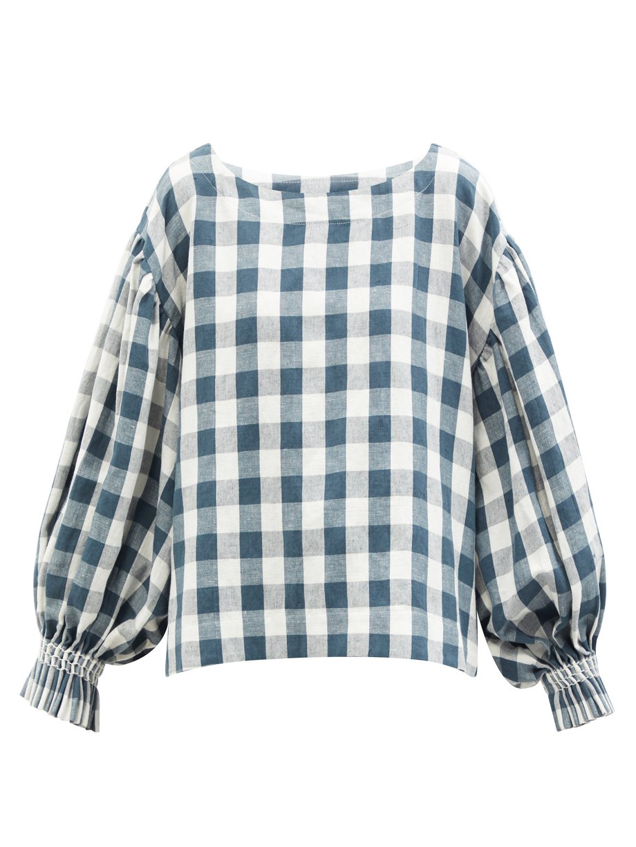 Blue Orla hand-smocked check linen blouse | Cawley Studio ...