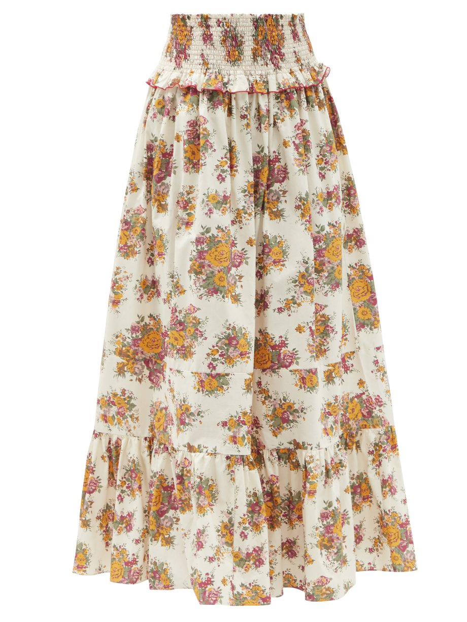 Loretta Caponi Print Amira shirred floral-print cotton skirt | 매치스패션 ...