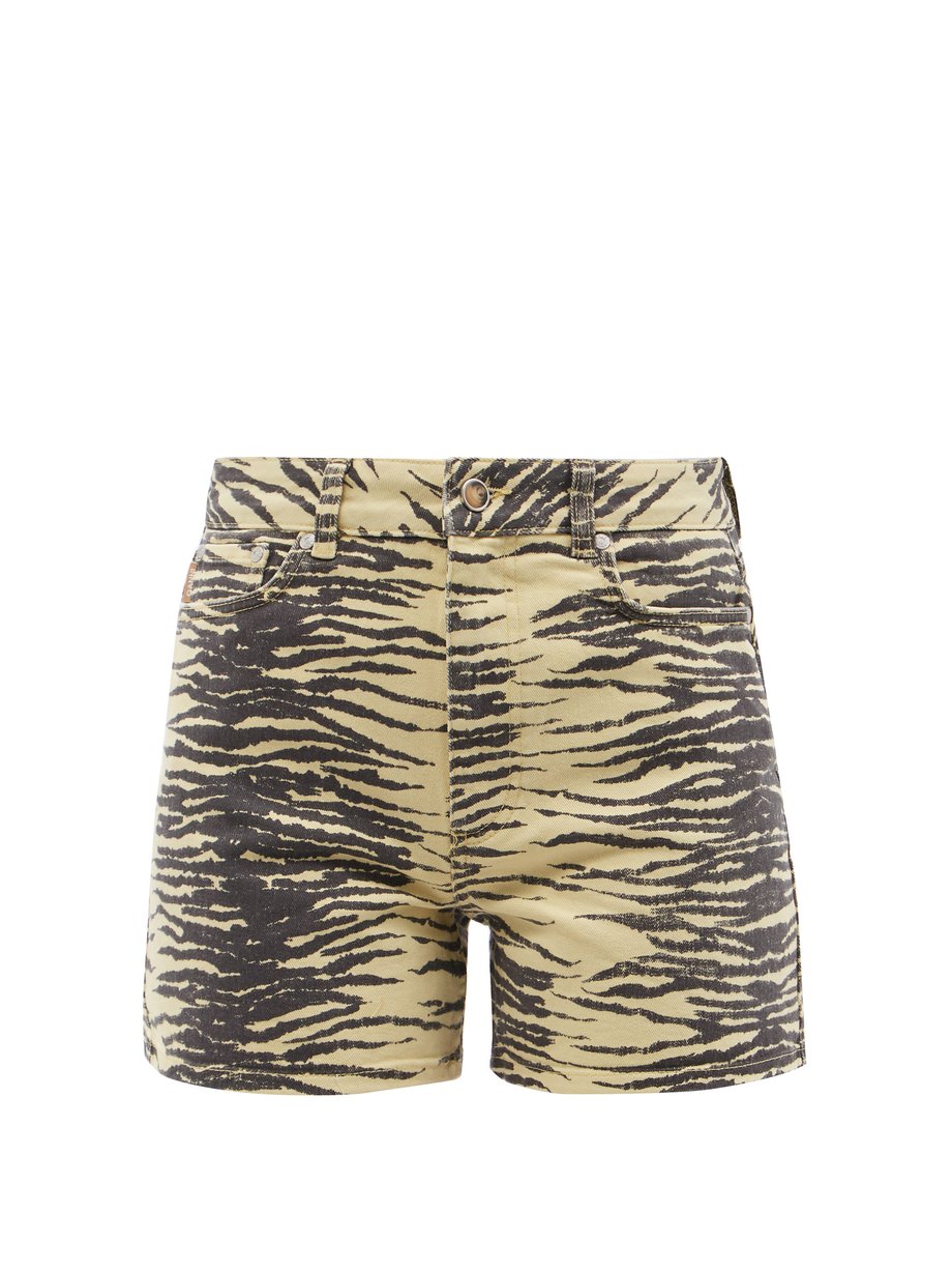 Print Zebra-print organic cotton-blend denim shorts | Ganni ...