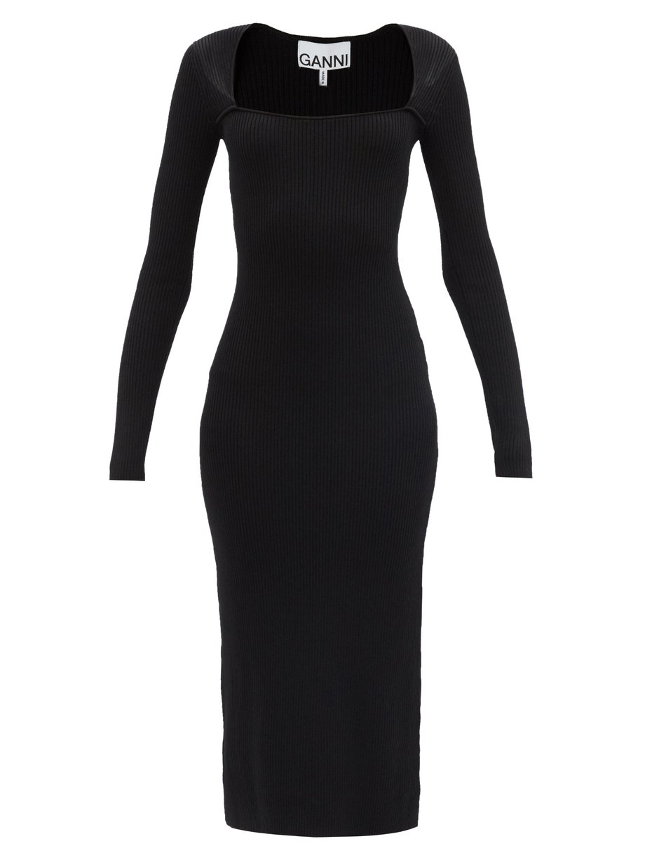 Black Square-neck ribbed-knit midi dress | Ganni | MATCHESFASHION UK