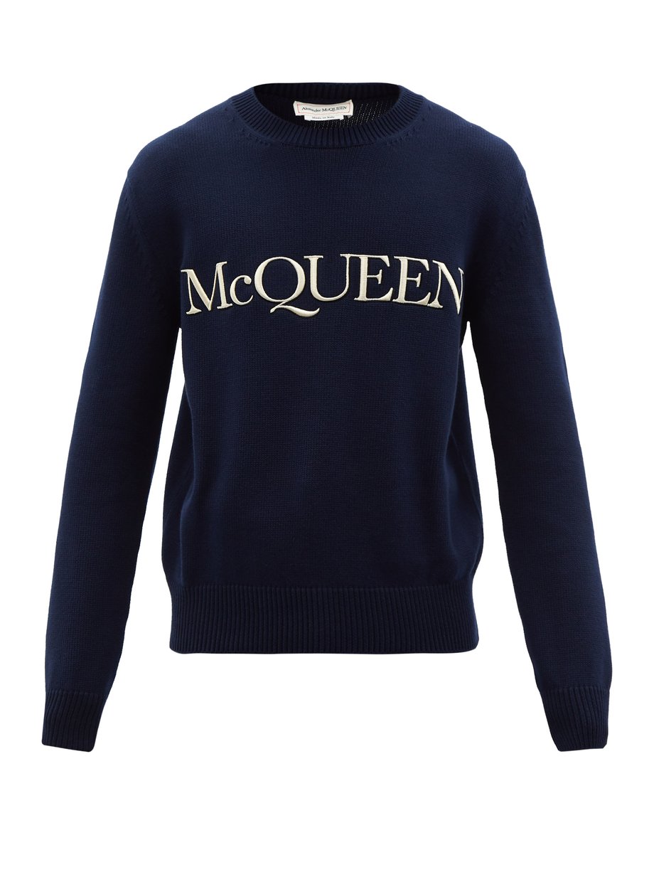 Navy Logo-embroidered cotton-jersey sweatshirt | Alexander McQueen ...