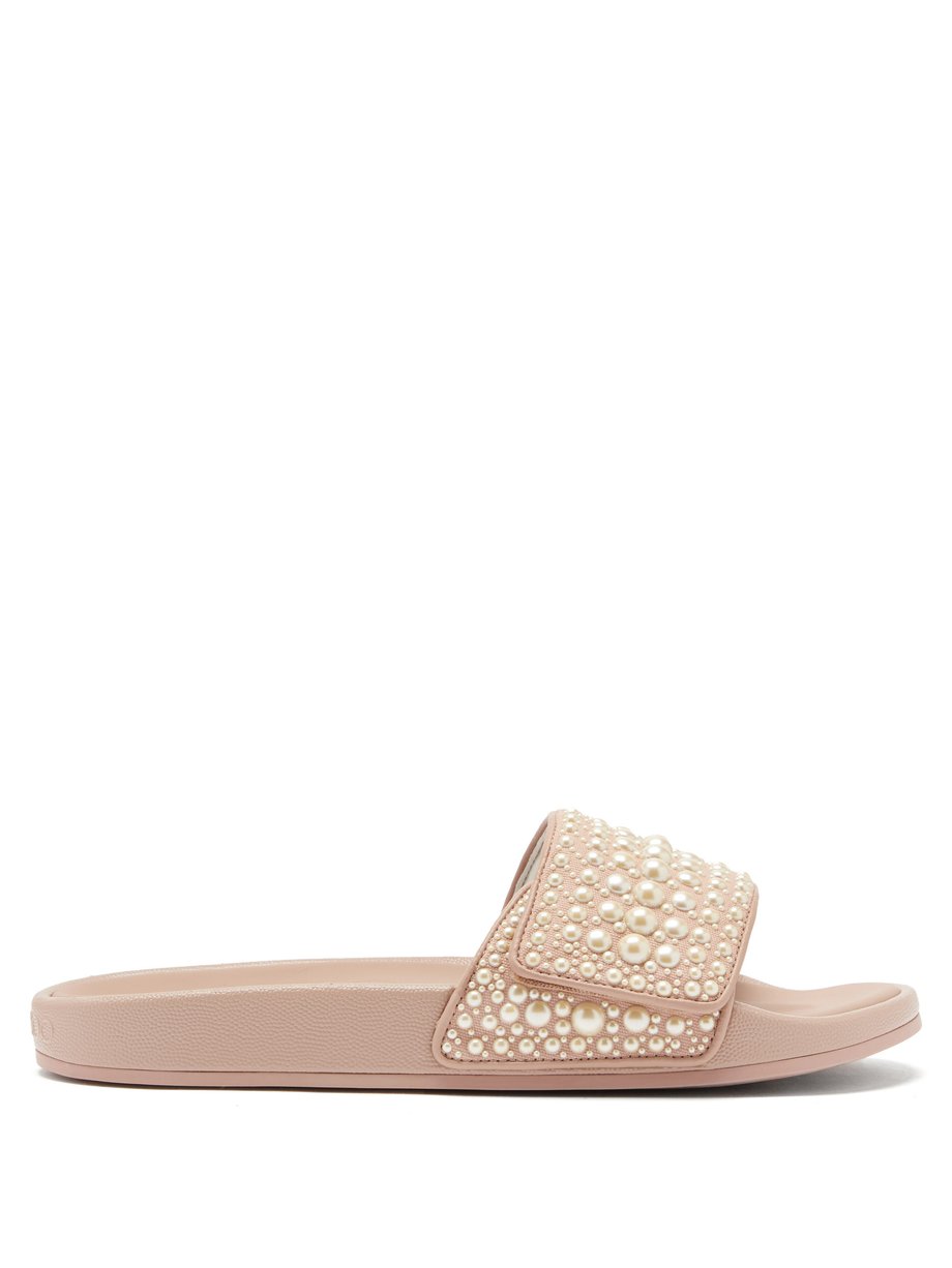 Pink Fitz faux-pearl embellished canvas slides | Jimmy Choo ...