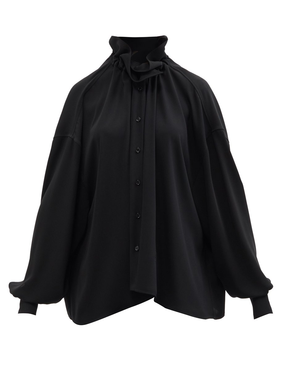 Black Ruffled-neckline balloon-sleeve crepe blouse | MM6 Maison ...