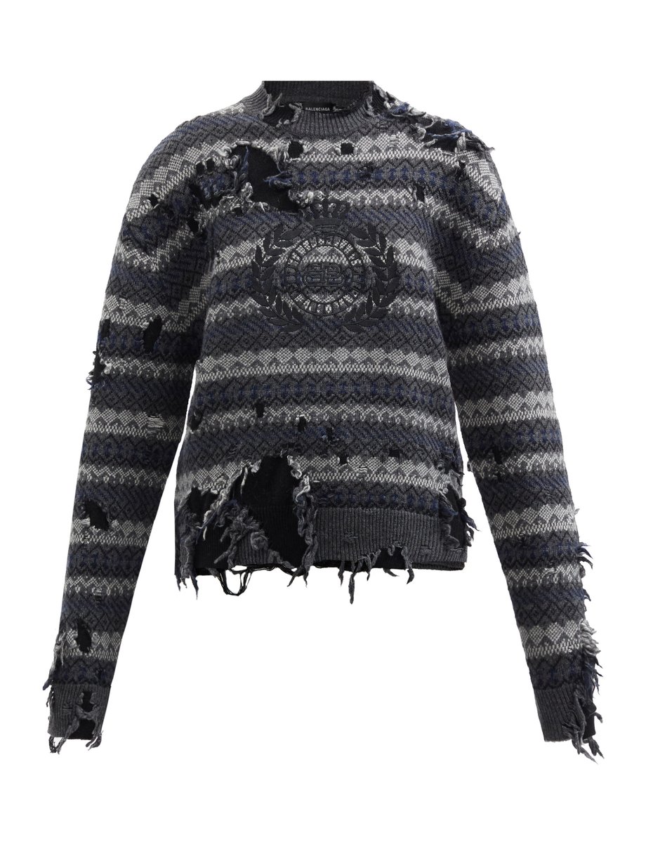 Logo-embroidered distressed wool-blend sweater Grey Balenciaga ...