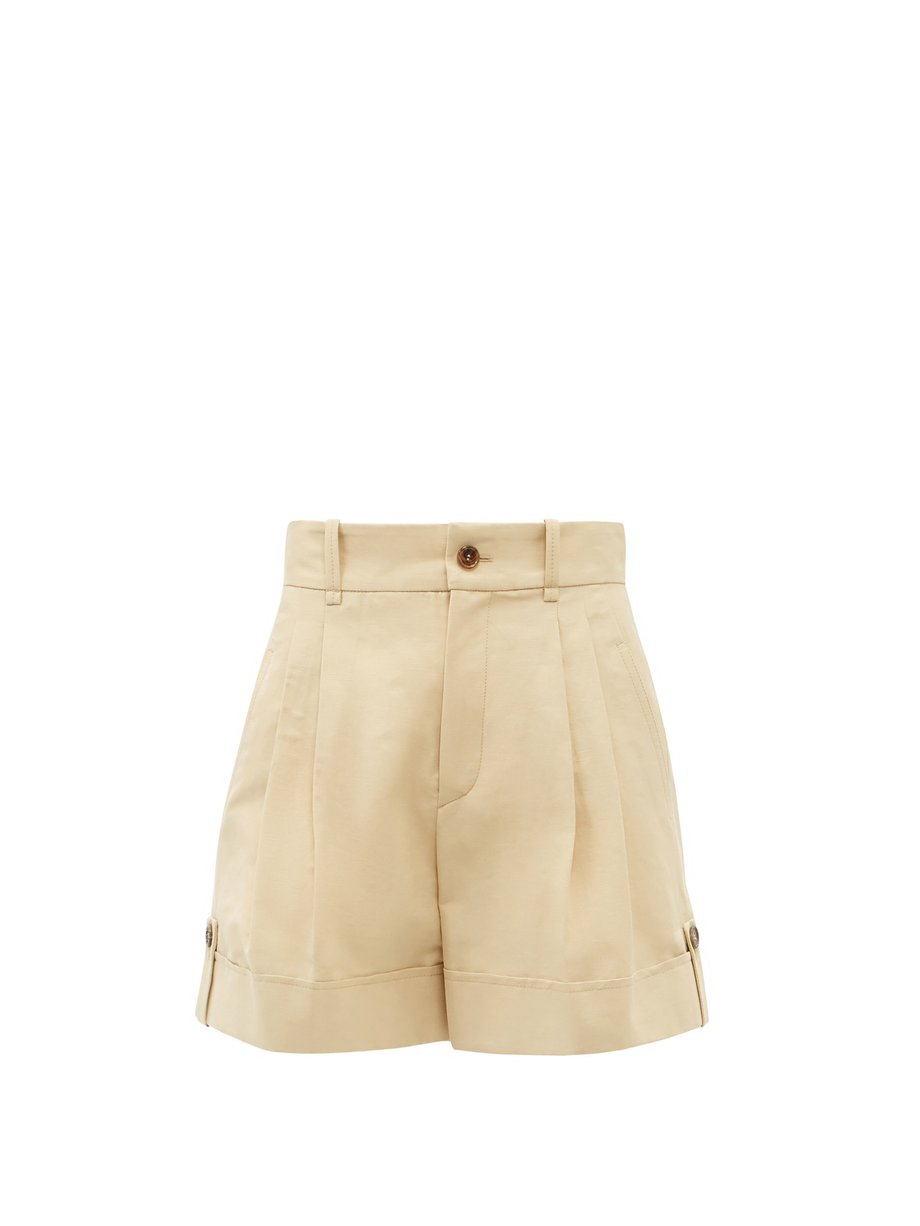 Chloé Neutral High-rise pleated linen-blend shorts | 매치스패션, 모던 럭셔리 온라인 쇼핑