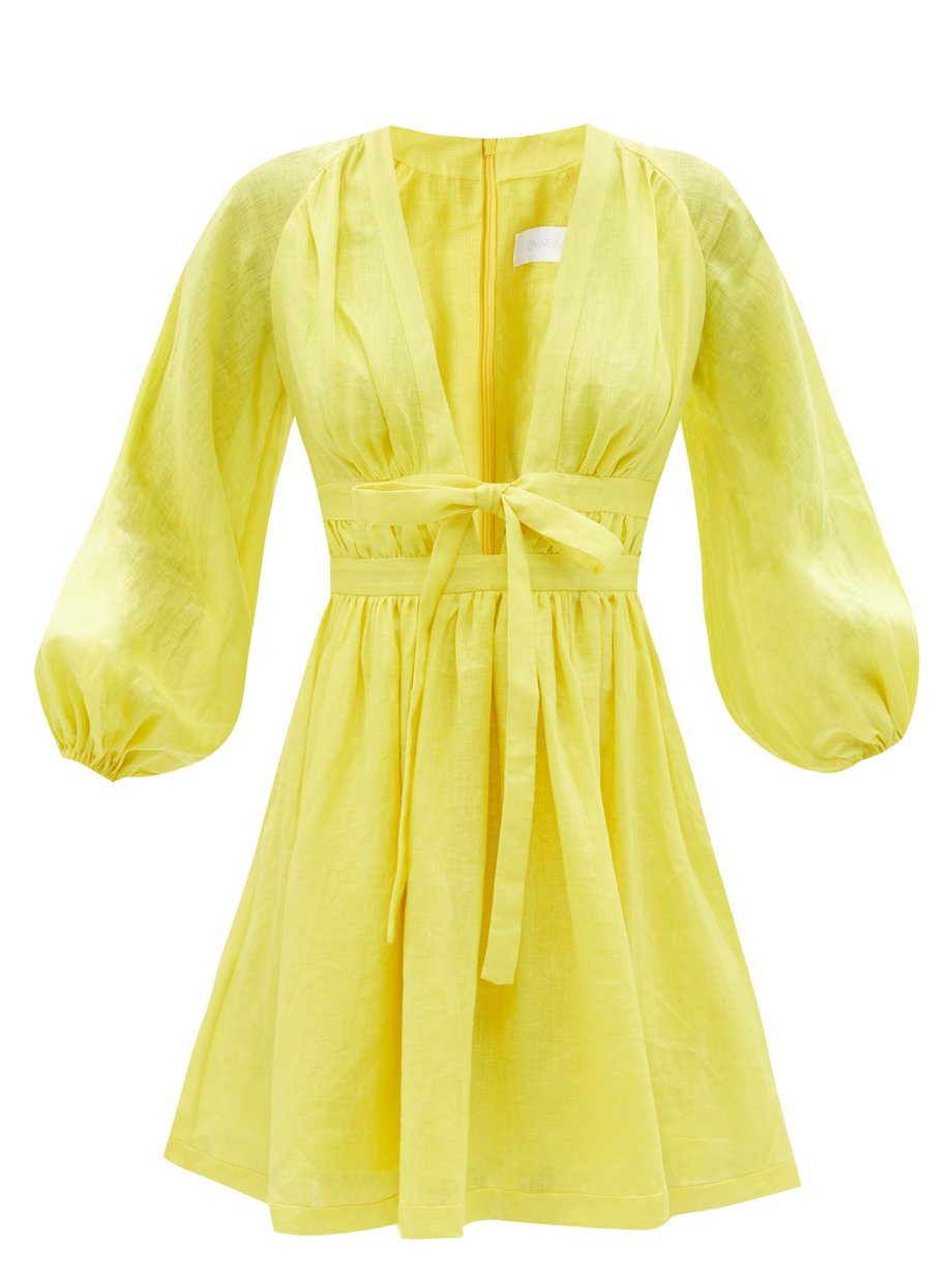 Yellow Shelly plunge-neckline linen mini dress | Zimmermann ...