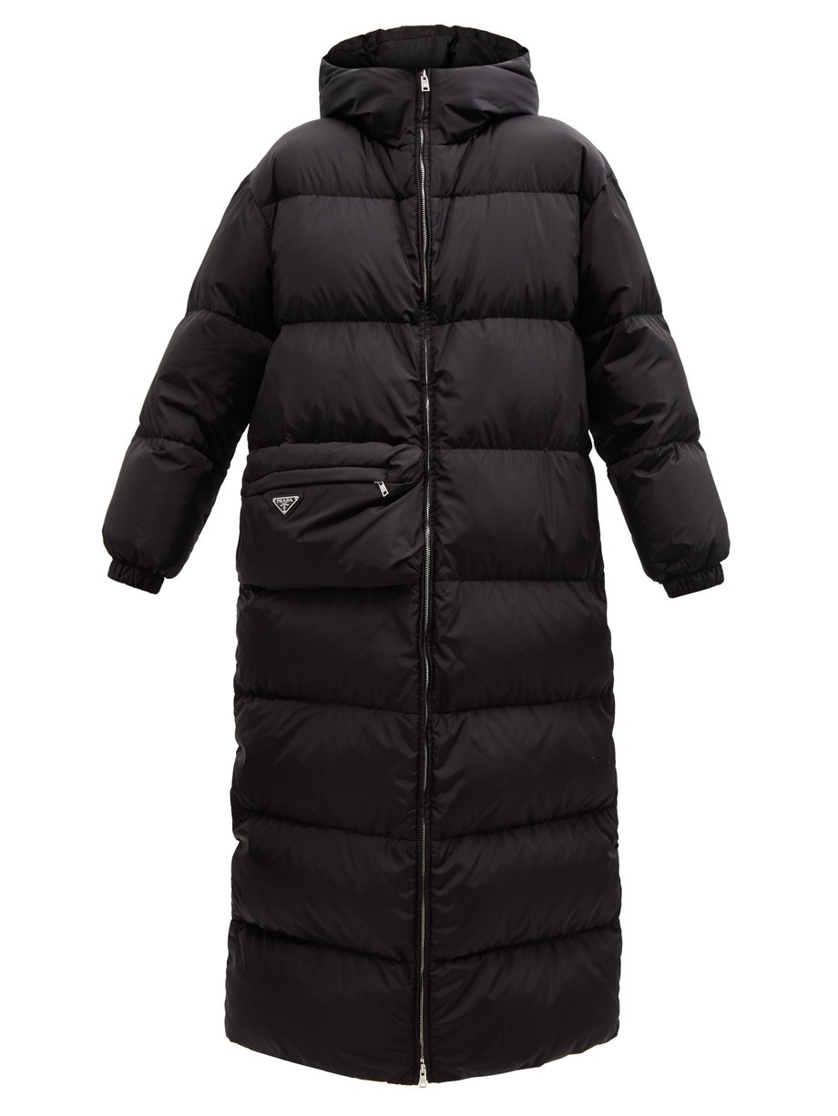 Black Hooded asymmetric recycled-fibre down coat | Prada ...