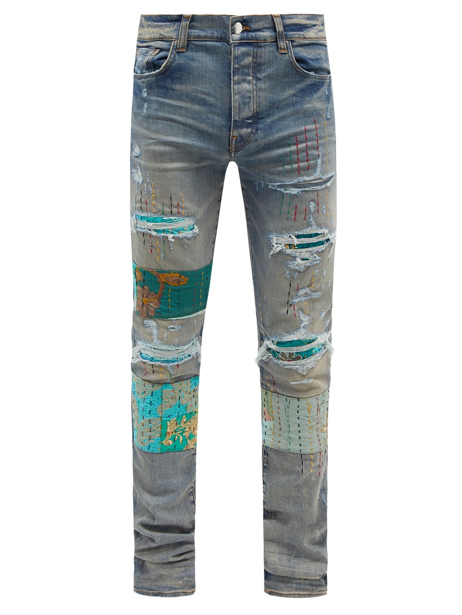 Blue Art Patch topstitched distressed skinny jeans | Amiri ...